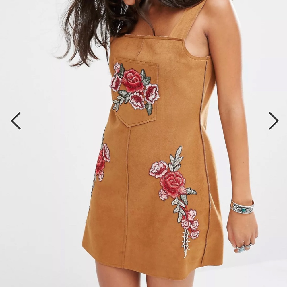 Embroidered Faux Suede Jumper Dress with Floral Appliqués NWT | Size US 10